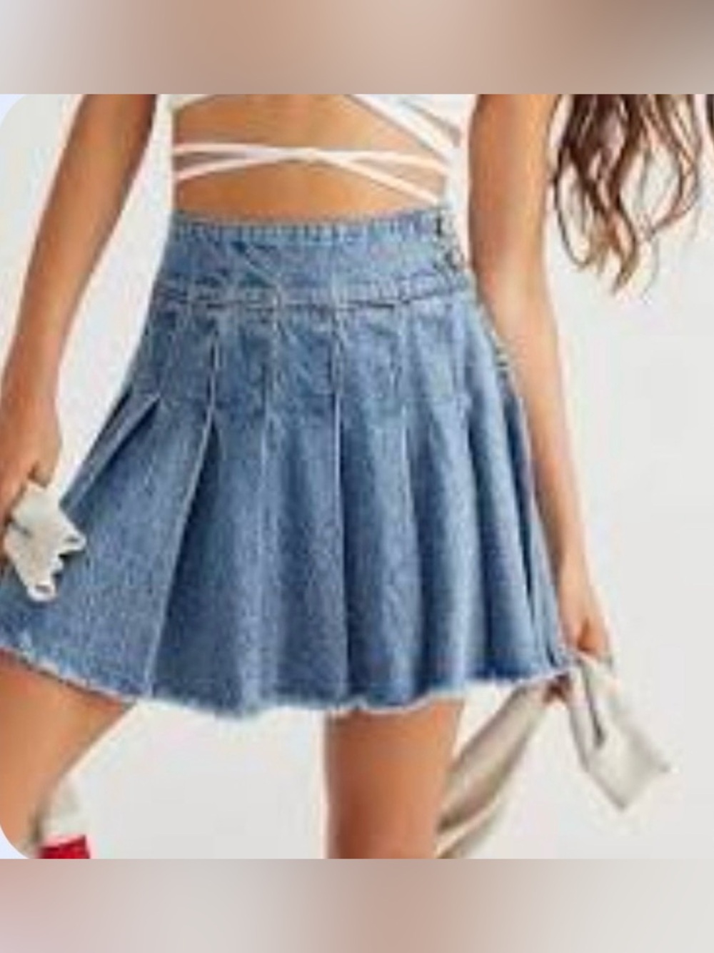 We The Free Blue Denim Pleated Skater Mini Skirt